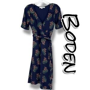 Boden True Full Wrap Midi Dress in Navy Floral Print Lightweight Womens Size 6P